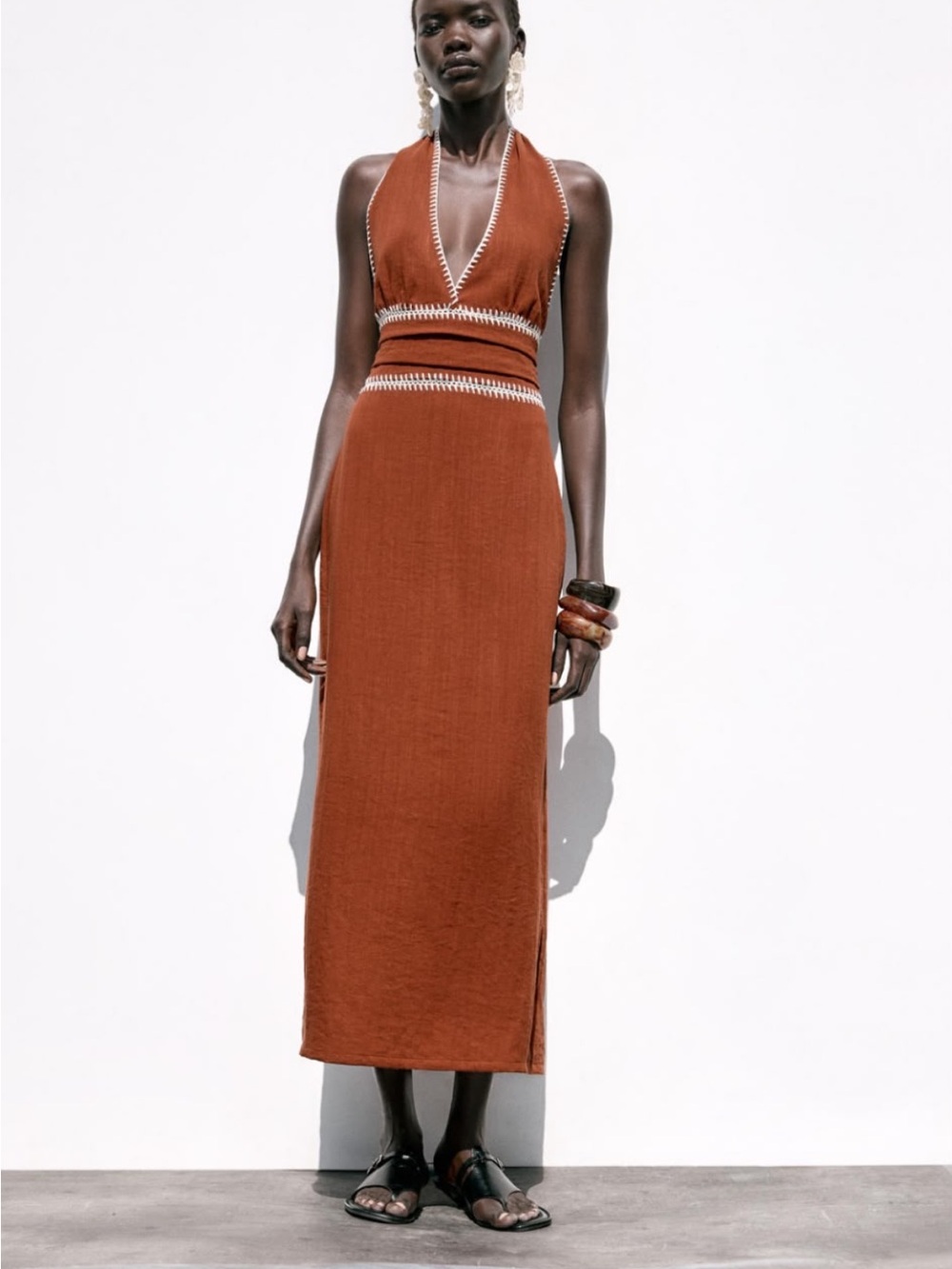 Zara Rust Halter Maxi Dress with Contrast Stitching